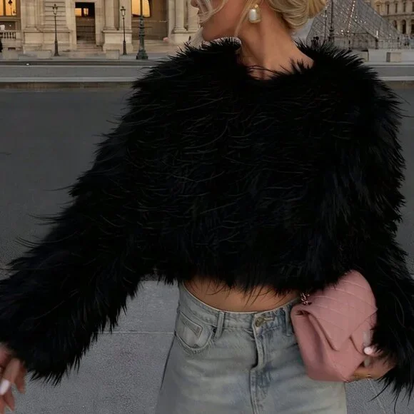 Black Casual Women's Crew Neck Coat